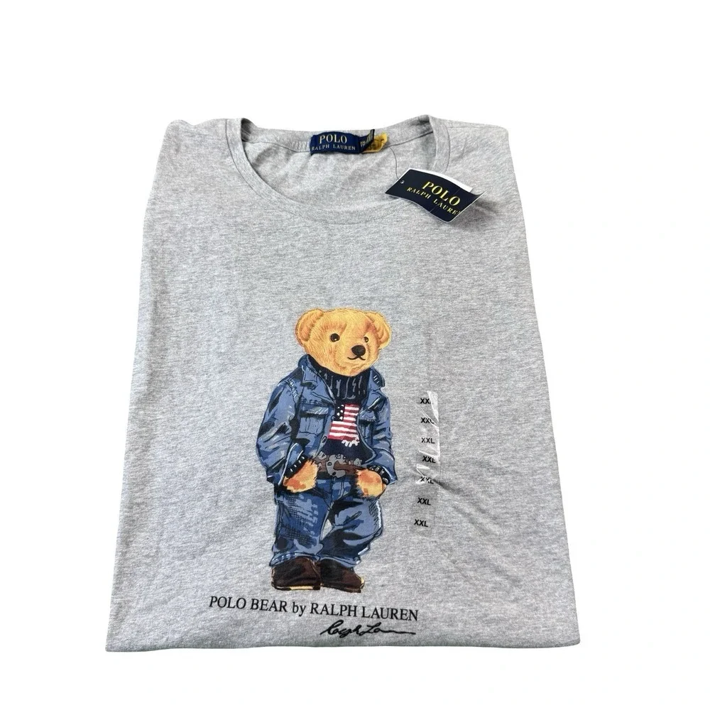 Polo Ralph Lauren Gray Polo Bear American Flag Mens Graphic Cotton Shirt 2XL NWT